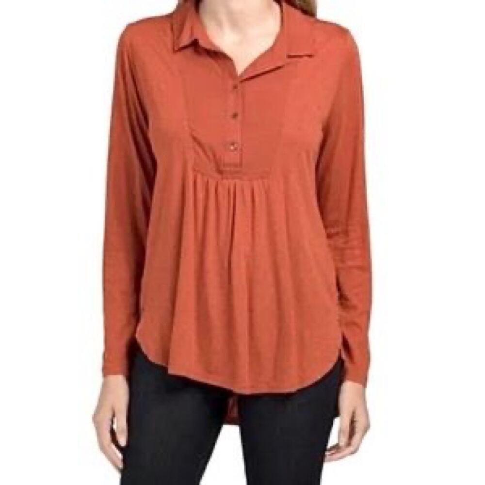 Lucky Brand Henley Polo Long Sleeve Tee Womens Medium Burnt Orange/Rust Red